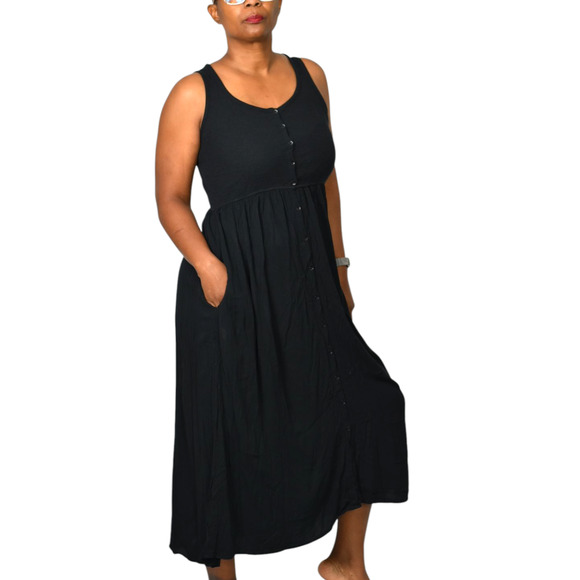 Frye Easy Button Front Dress Black Midi Minimalist Tank Jersey Pockets Rayon XS - Picture 7 of 16